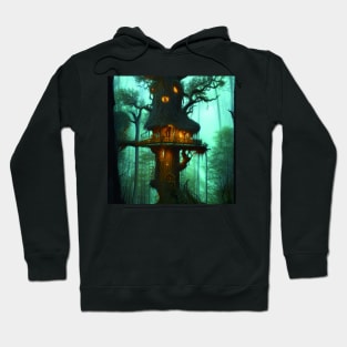 Magical Cottage Tree House with Lights in Forest with High Trees, Scenery Nature Hoodie